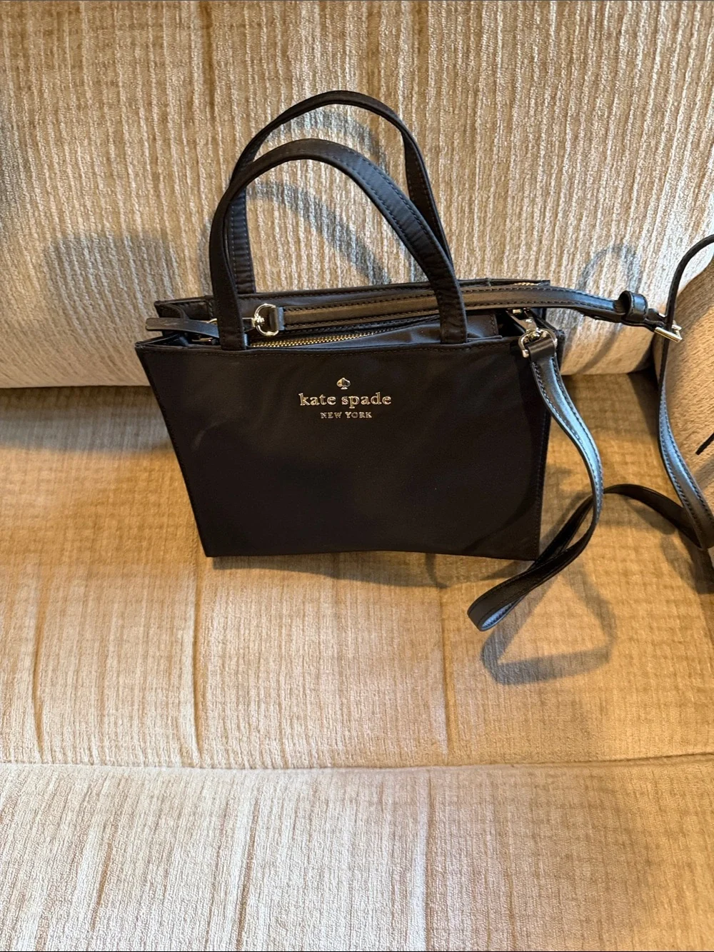 kate spade Black Nylon double handle Crossbody Tote with Gold Logo 8 x 10